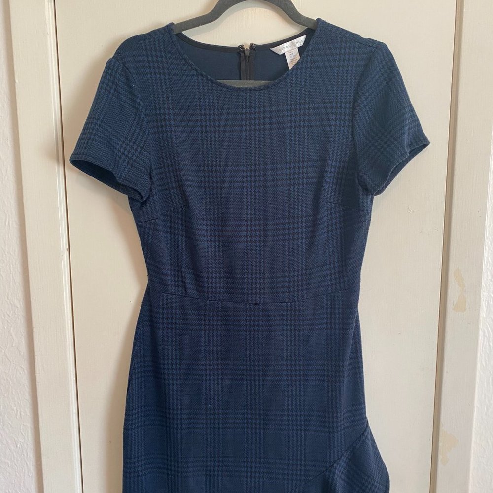 London Times Black and Blue Chequred A-Line Dress with Botton Ruffle
